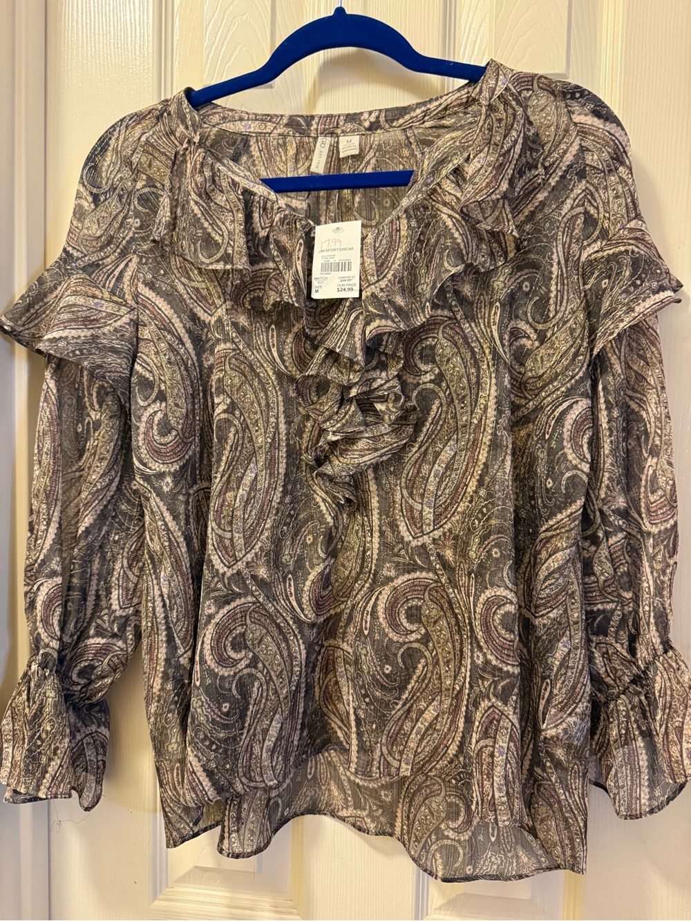 Cato Gray Paisley Ruffle-Neck Blouse